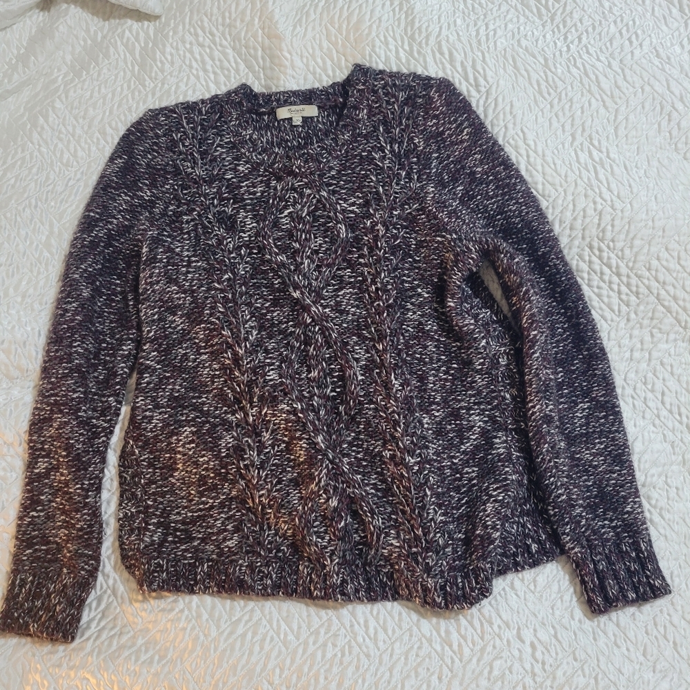 Madewell Alpaca Wool Blend Chunky Cable Knit Sweater Marled Burgundy Grey Size M - Picture 3 of 6